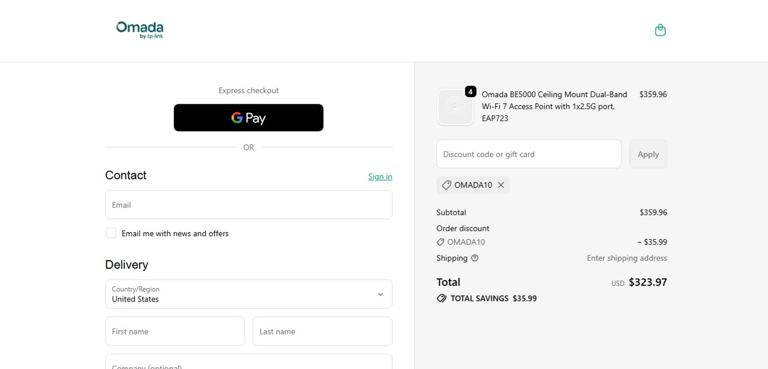 Omada promo code screenshot showing code OMADA10 applied at Omada checkout page. Uploaded by SimplyCodes community member MoneyHunter5624 on Oct 14, 2025