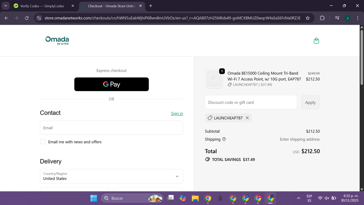 Omada promo code screenshot showing code LaunchEAP787 applied at Omada checkout page. Uploaded by SimplyCodes community member CleverElite8110 on Nov 30, 2025