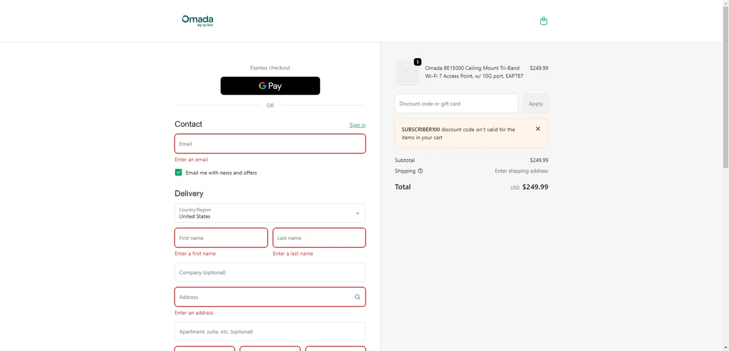 Omada promo code screenshot showing code Subscriber100 applied at Omada checkout page. Uploaded by SimplyCodes community member SwiftCurator4059 on Jan 29, 2026
