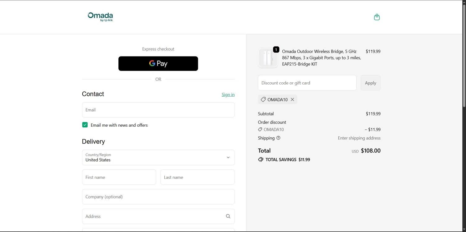 Omada promo code screenshot showing code OMADA10 applied at Omada checkout page. Uploaded by SimplyCodes community member Depressive on Oct 14, 2025