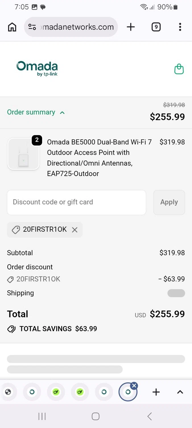 Omada promo code screenshot showing code 20FIRSTR1OK applied at Omada checkout page. Uploaded by SimplyCodes community member ScanMaverick9378 on Jun 3, 2026
