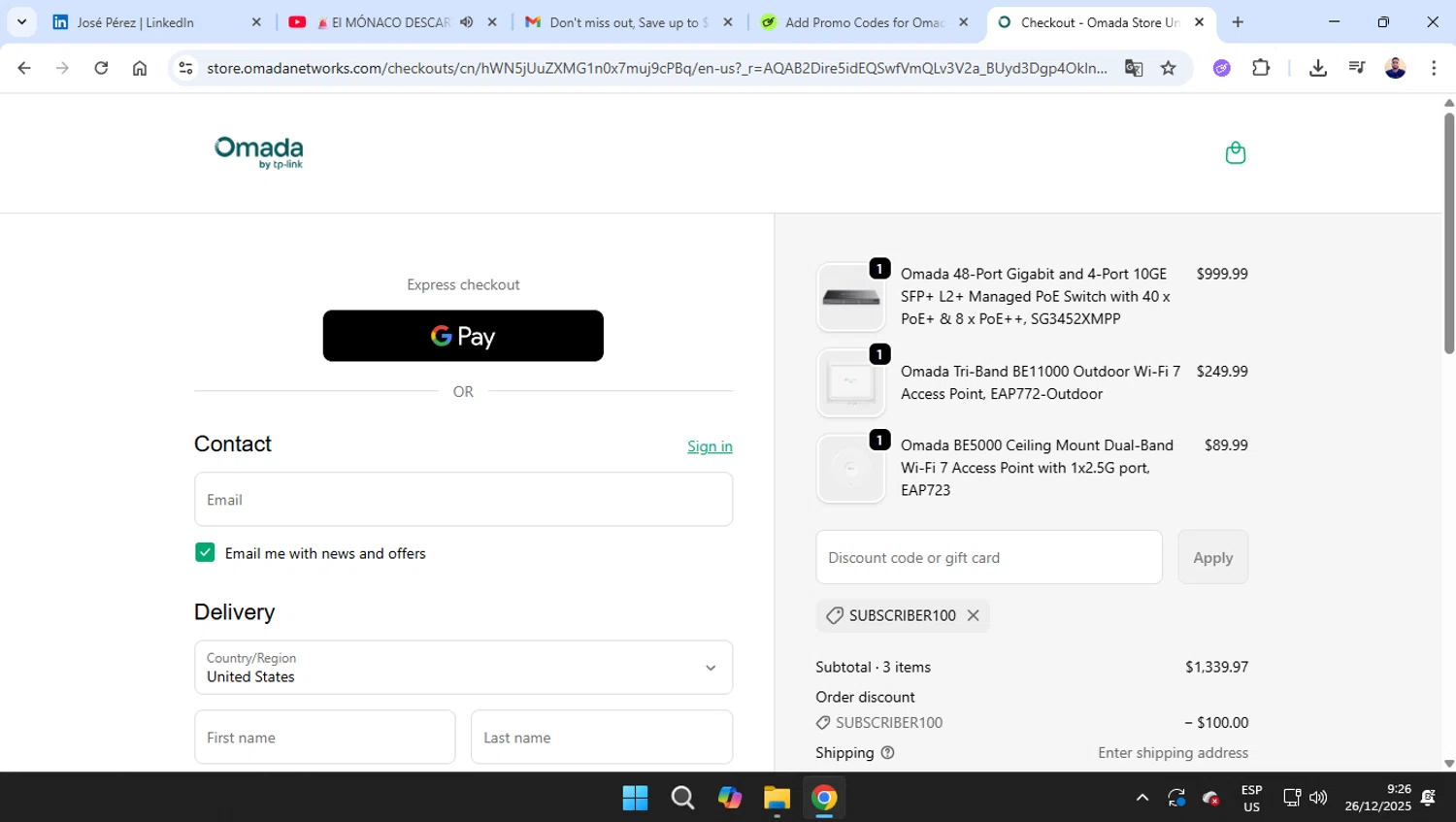 Omada promo code screenshot showing code Subscriber100 applied at Omada checkout page. Uploaded by SimplyCodes community member joseg151520 on Dec 26, 2025
