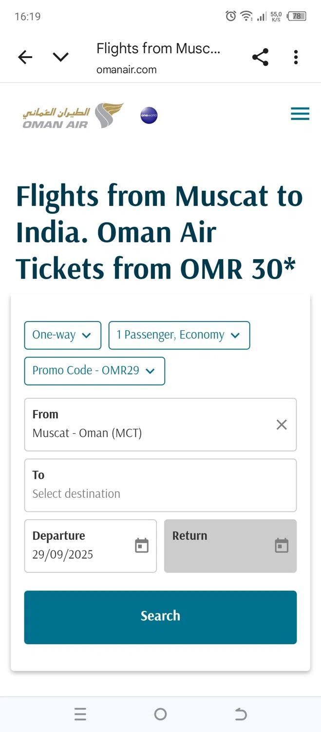 Oman Air promo code screenshot showing code OMR29 applied at Oman Air checkout page. Uploaded by SimplyCodes community member 502312 on Sep 22, 2025