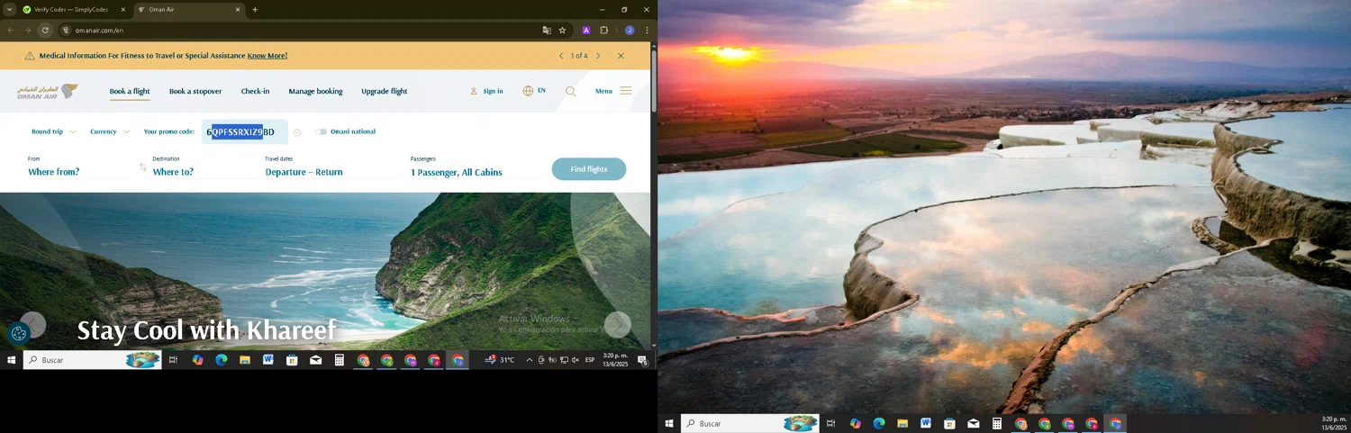 Oman Air promo code screenshot showing code 6QPFSSRXIZ9BD applied at Oman Air checkout page. Uploaded by SimplyCodes community member EpicSage3474 on Jun 13, 2025