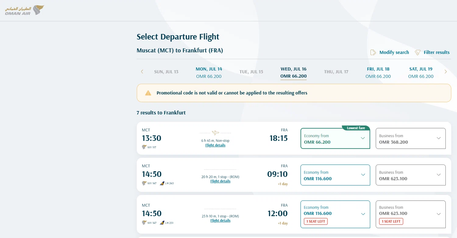 Oman Air promo code screenshot showing code 6QPFSSRXIZ9BD applied at Oman Air checkout page. Uploaded by SimplyCodes community member XxJuniorxX on Jun 25, 2025