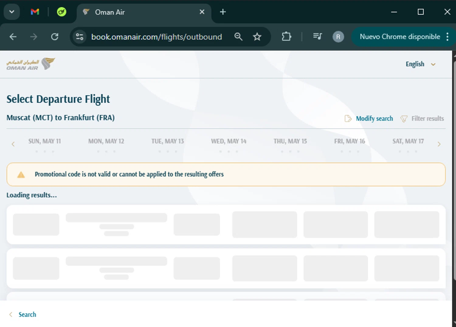 Oman Air promo code screenshot showing code HU7SNJVHIVGYU applied at Oman Air checkout page. Uploaded by SimplyCodes community member PrimeWhiz5416 on Apr 18, 2025