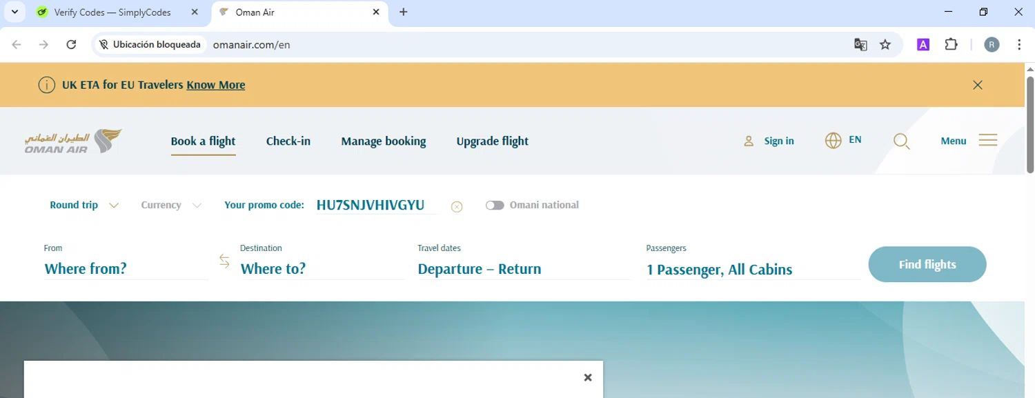 Oman Air checkout page showing Oman Air promo code box | Screenshot taken by SimplyCodes community member on Mar 17, 2025