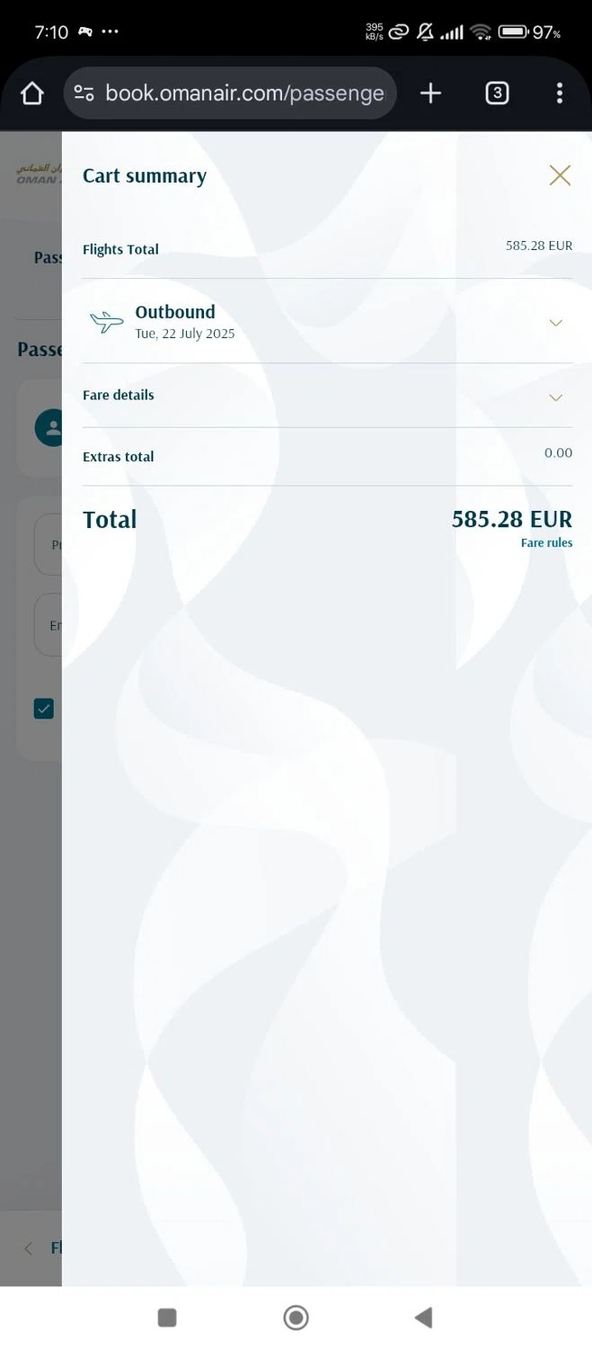 Oman Air checkout page showing Oman Air promo code box | Screenshot taken by SimplyCodes community member on Jul 15, 2025