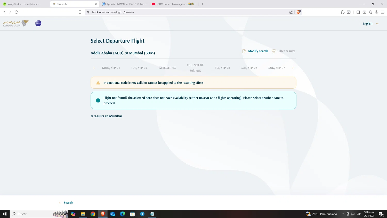Oman Air promo code screenshot showing code SALEWKND09 applied at Oman Air checkout page. Uploaded by SimplyCodes community member Carloscoder_900457733 on Aug 26, 2025
