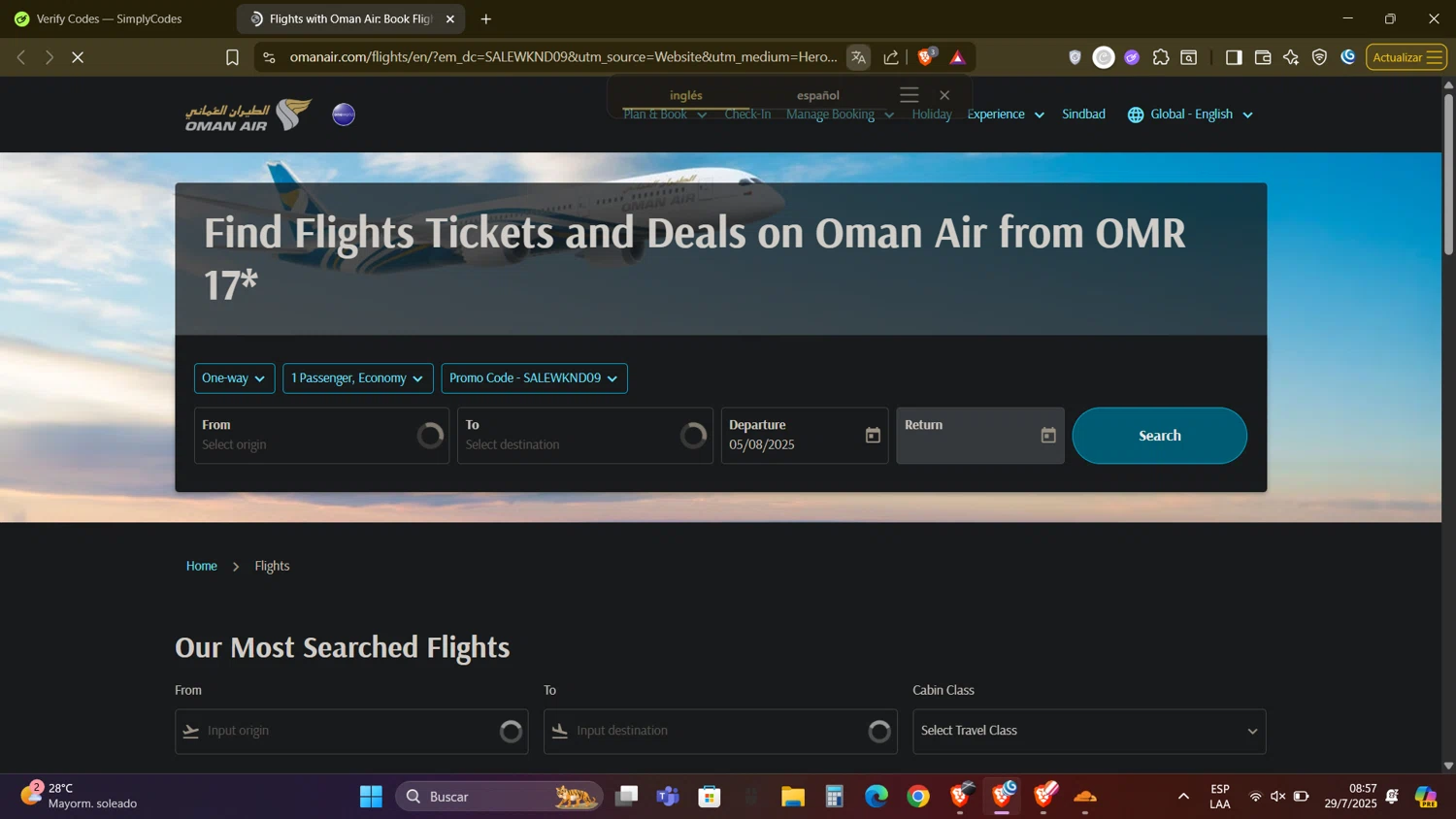 Oman Air promo code screenshot showing code SALEWKND09 applied at Oman Air checkout page. Uploaded by SimplyCodes community member DealAdmiral5466 on Jul 29, 2025