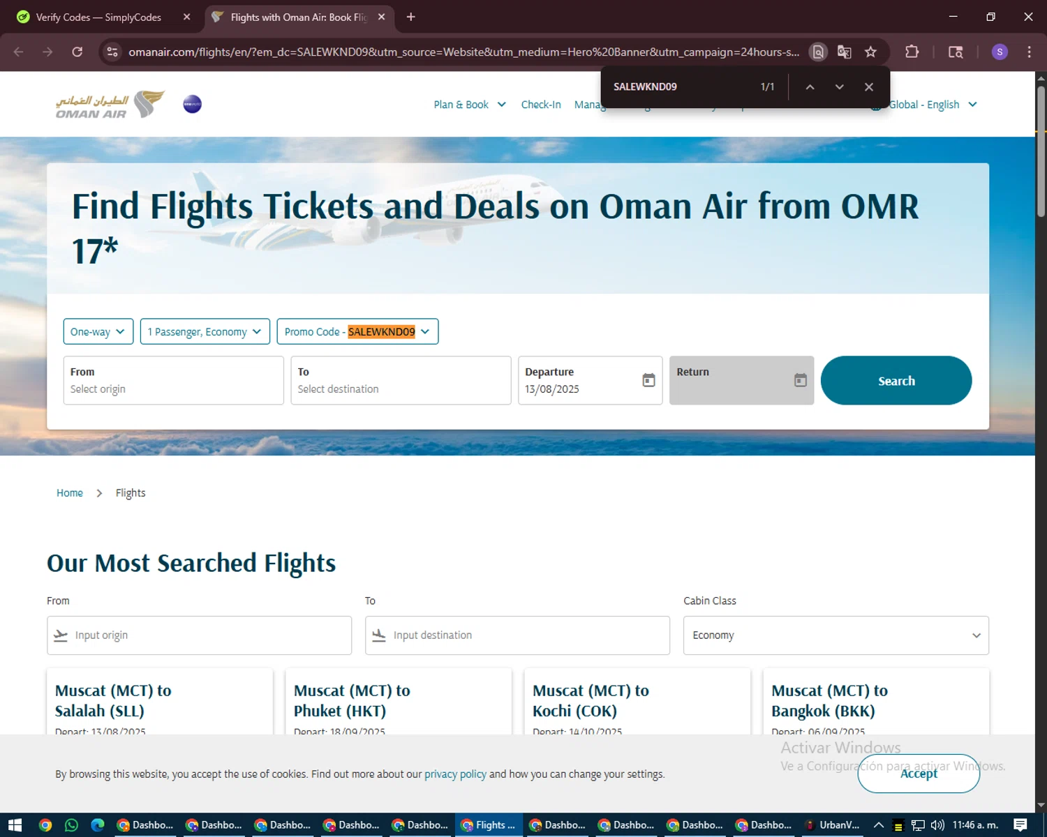 Oman Air promo code screenshot showing code SALEWKND09 applied at Oman Air checkout page. Uploaded by SimplyCodes community member LuckyVoyager688 on Aug 6, 2025