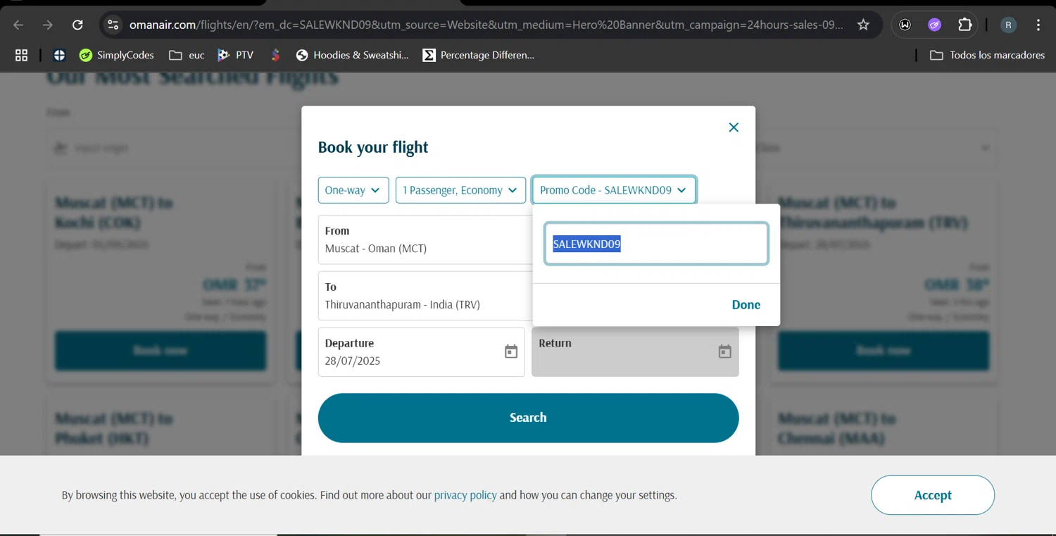 Oman Air checkout page showing Oman Air promo code box | Screenshot taken by SimplyCodes community member on Jun 13, 2025