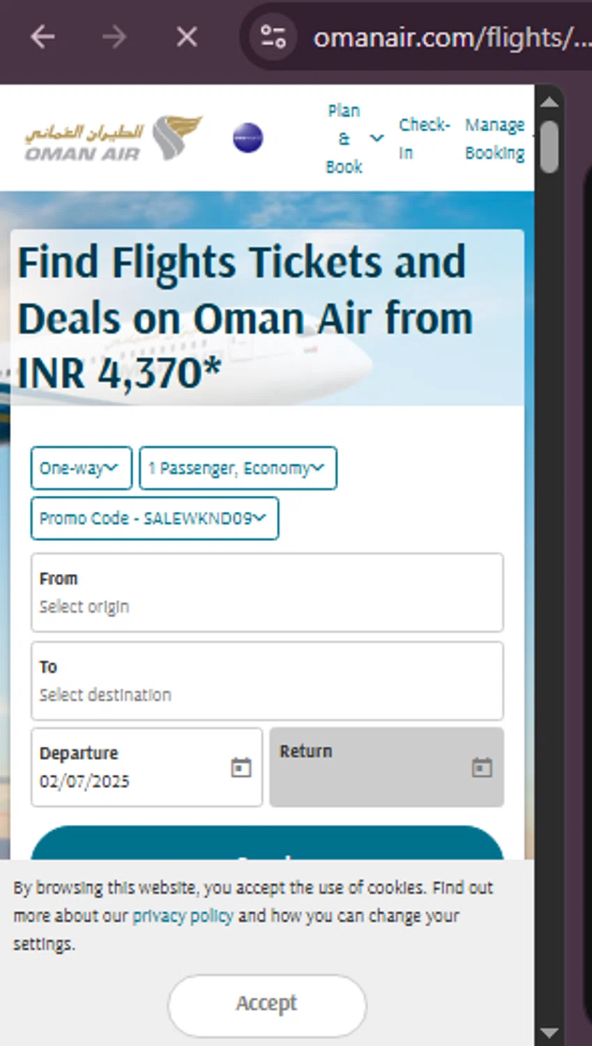 Oman Air checkout page showing Oman Air promo code box | Screenshot taken by SimplyCodes community member on Jun 25, 2025