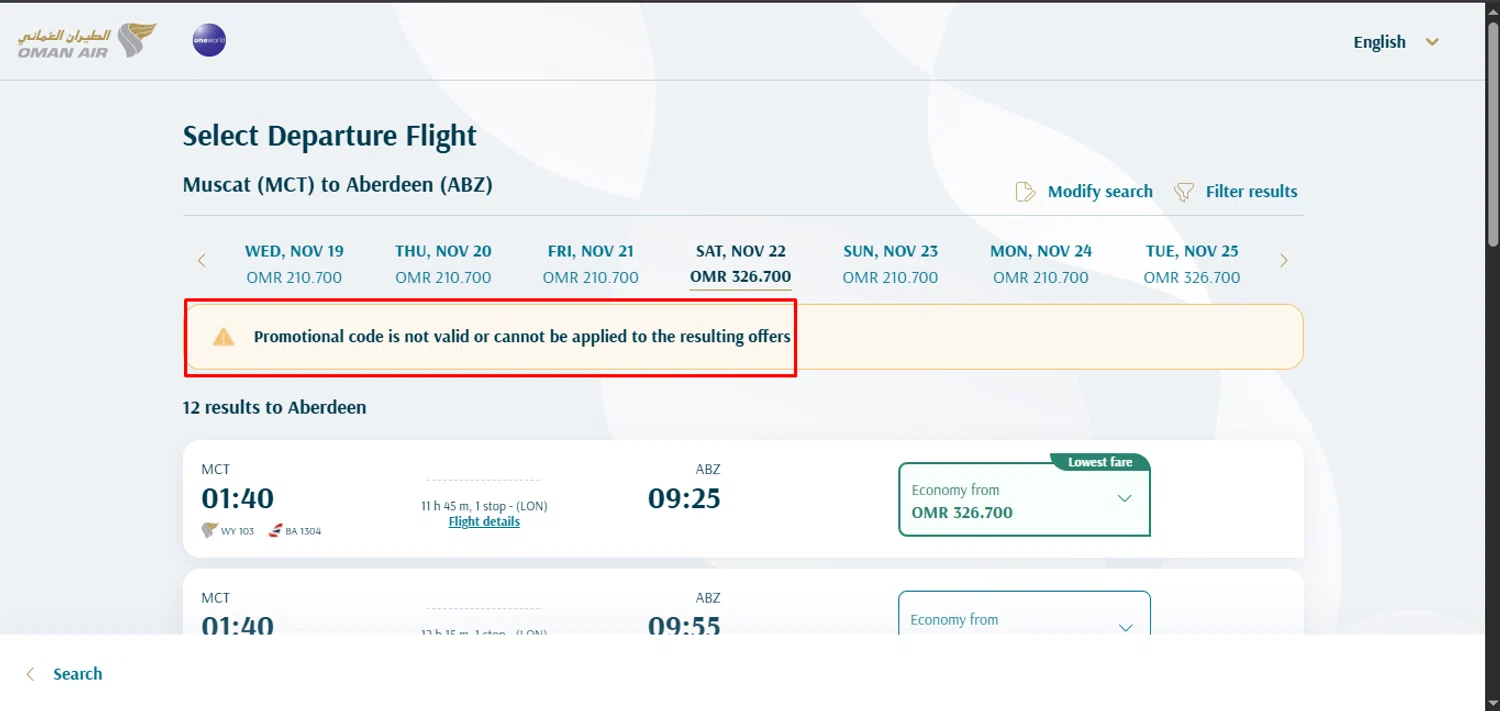 Oman Air promo code screenshot showing code OMR29 applied at Oman Air checkout page. Uploaded by SimplyCodes community member isjavierpl on Sep 23, 2025