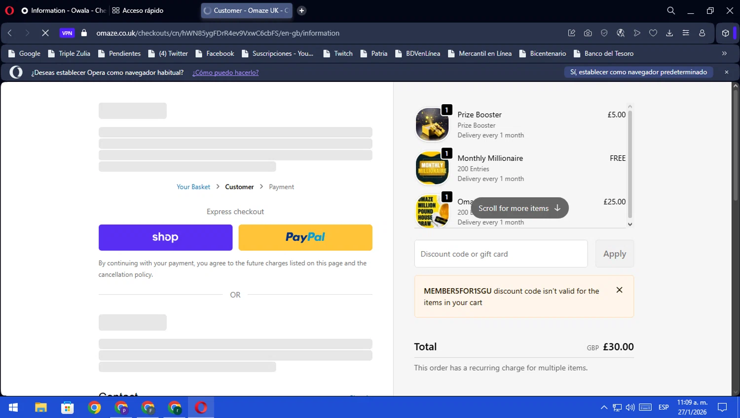 Omaze promo code screenshot showing code member5for1sgu applied at Omaze checkout page. Uploaded by SimplyCodes community member rodri1 on Jan 27, 2026