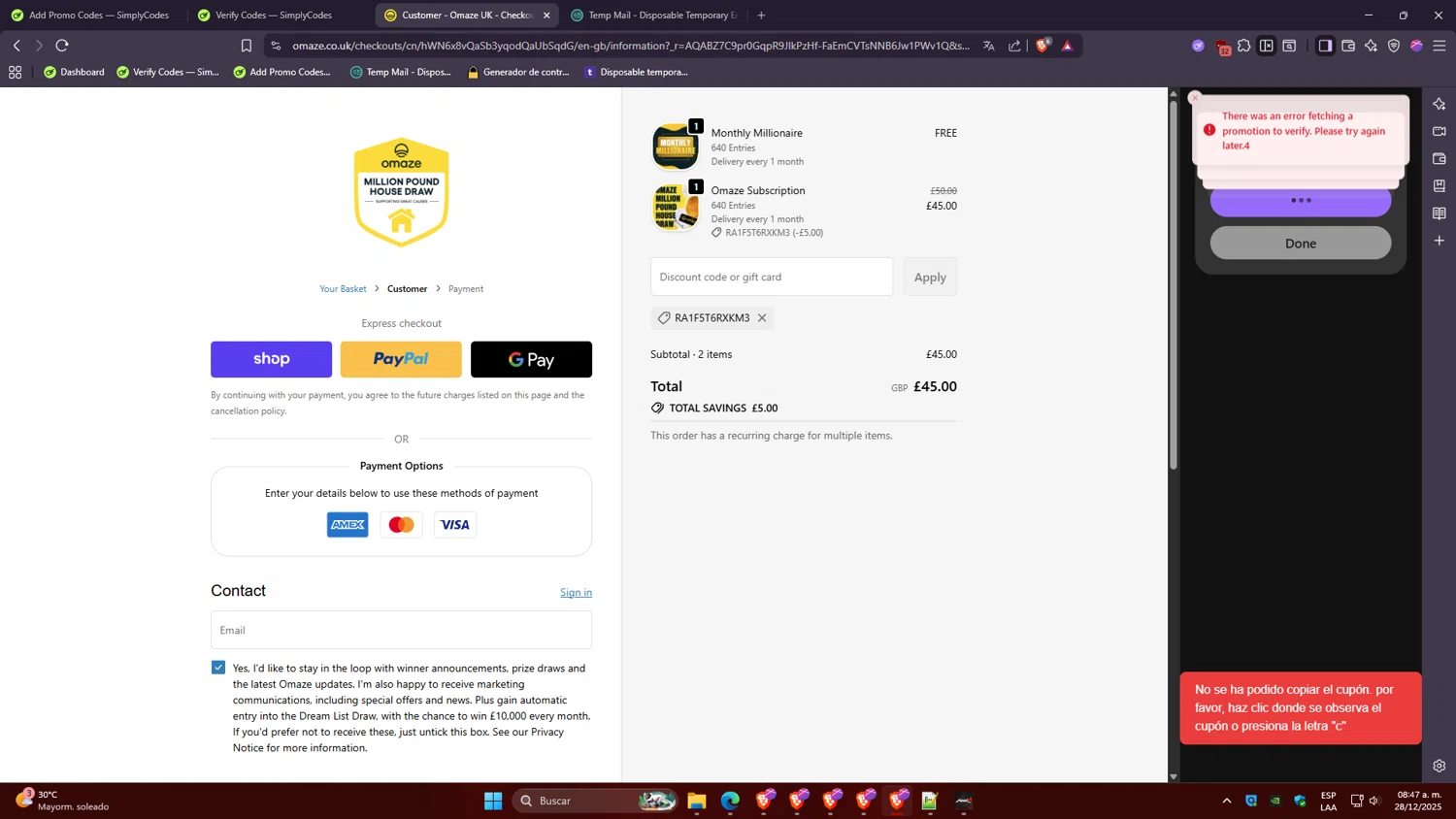 Omaze promo code screenshot showing code RA1F5T6RXKM3 applied at Omaze checkout page. Uploaded by SimplyCodes community member BonusHero4456 on Dec 28, 2025