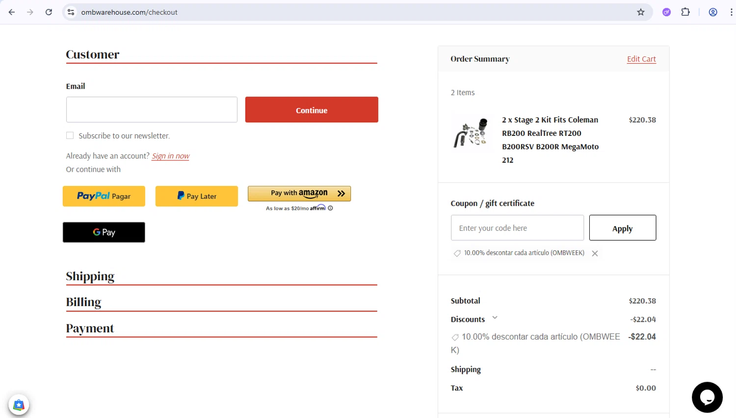 OMB Warehouse promo code screenshot showing code OMBWEEK applied at OMB Warehouse checkout page. Uploaded by SimplyCodes community member PrimeWarden1601 on Feb 11, 2026