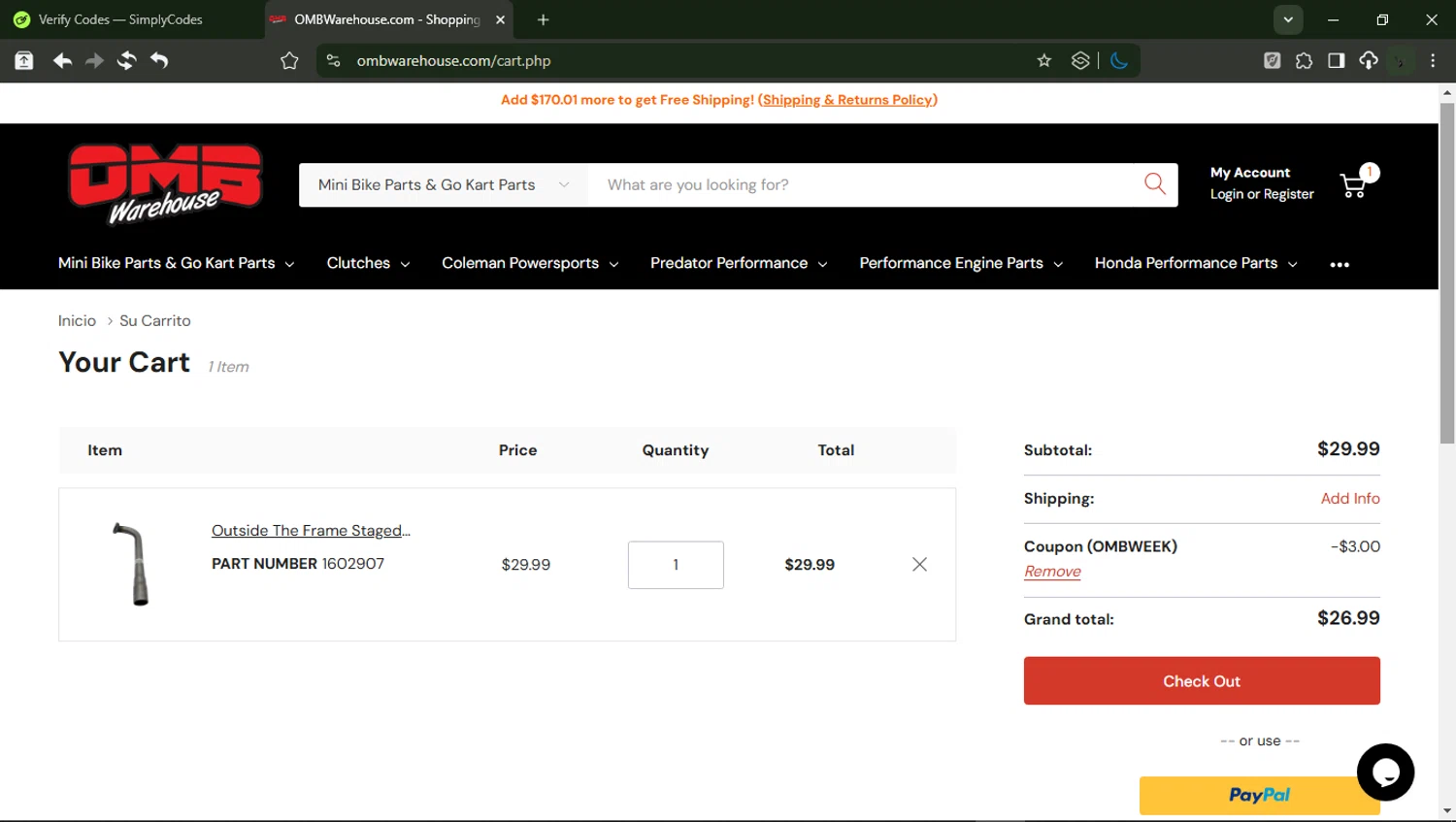 OMB Warehouse checkout page showing OMB Warehouse promo code box | Screenshot taken by SimplyCodes community member on Feb 16, 2026