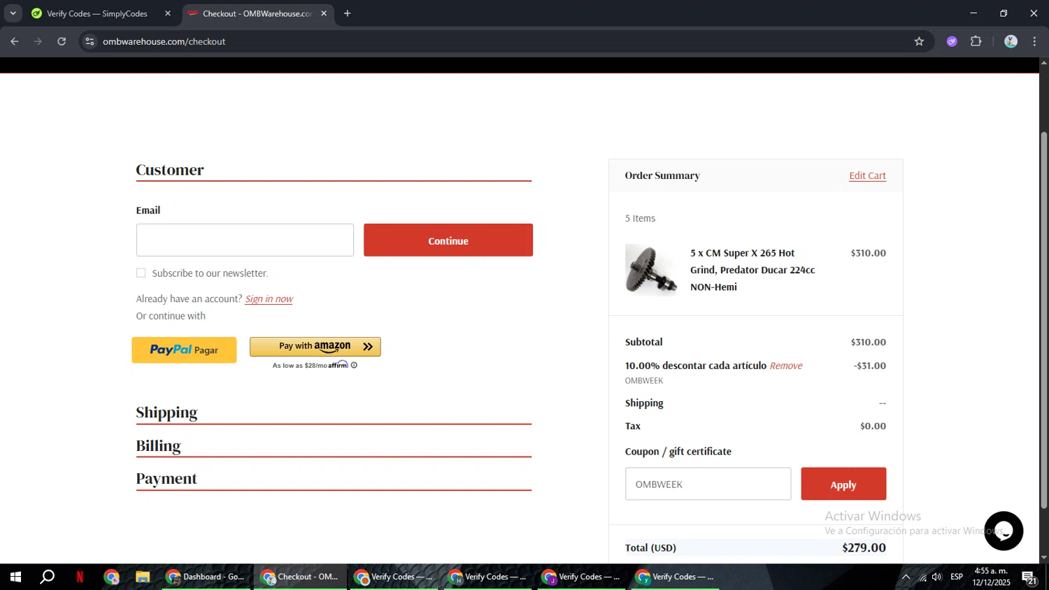 OMB Warehouse promo code screenshot showing code OMBWEEK applied at OMB Warehouse checkout page. Uploaded by SimplyCodes community member ShrewdSeeker6165 on Dec 12, 2025