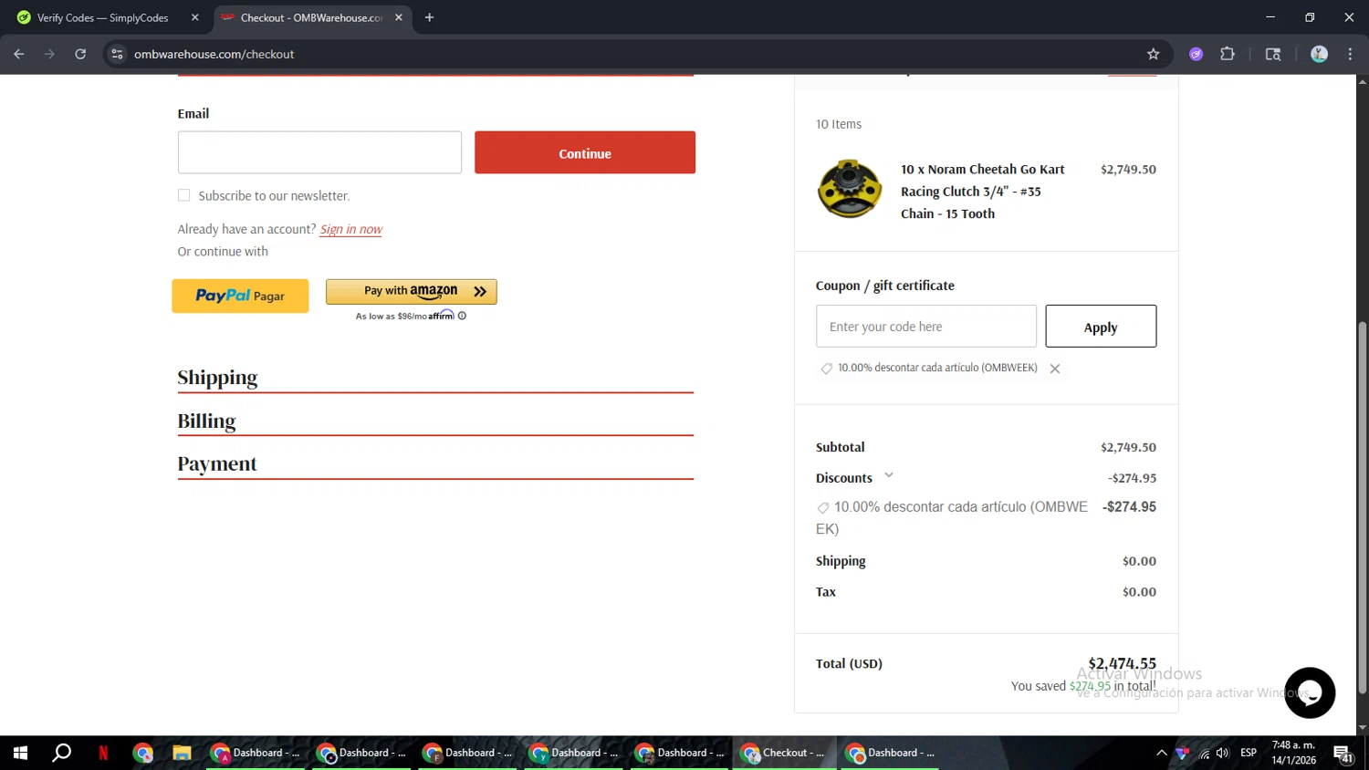 OMB Warehouse promo code screenshot showing code OMBWEEK applied at OMB Warehouse checkout page. Uploaded by SimplyCodes community member ShrewdSeeker6165 on Jan 14, 2026