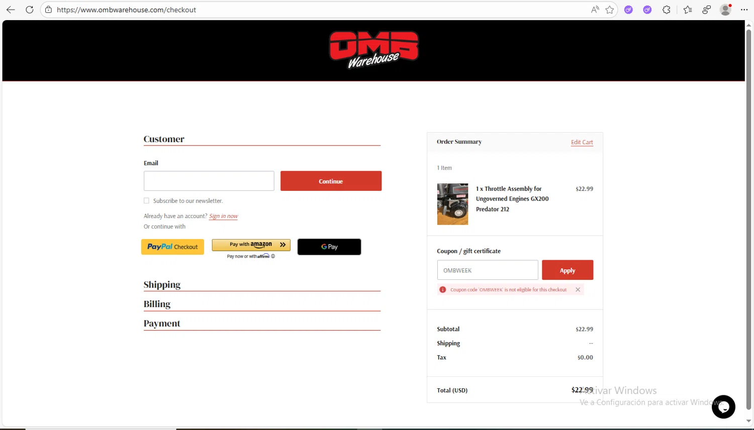 OMB Warehouse checkout page showing OMB Warehouse promo code box | Screenshot taken by SimplyCodes community member on Feb 16, 2026