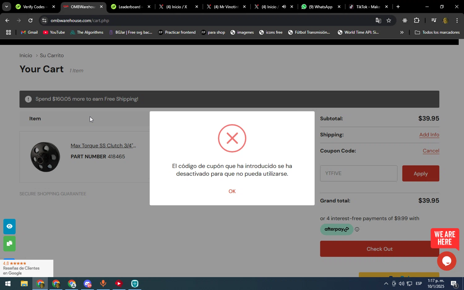 OMB Warehouse promo code screenshot showing code YTFIVE applied at OMB Warehouse checkout page. Uploaded by SimplyCodes community member DonPollito on Jan 10, 2025