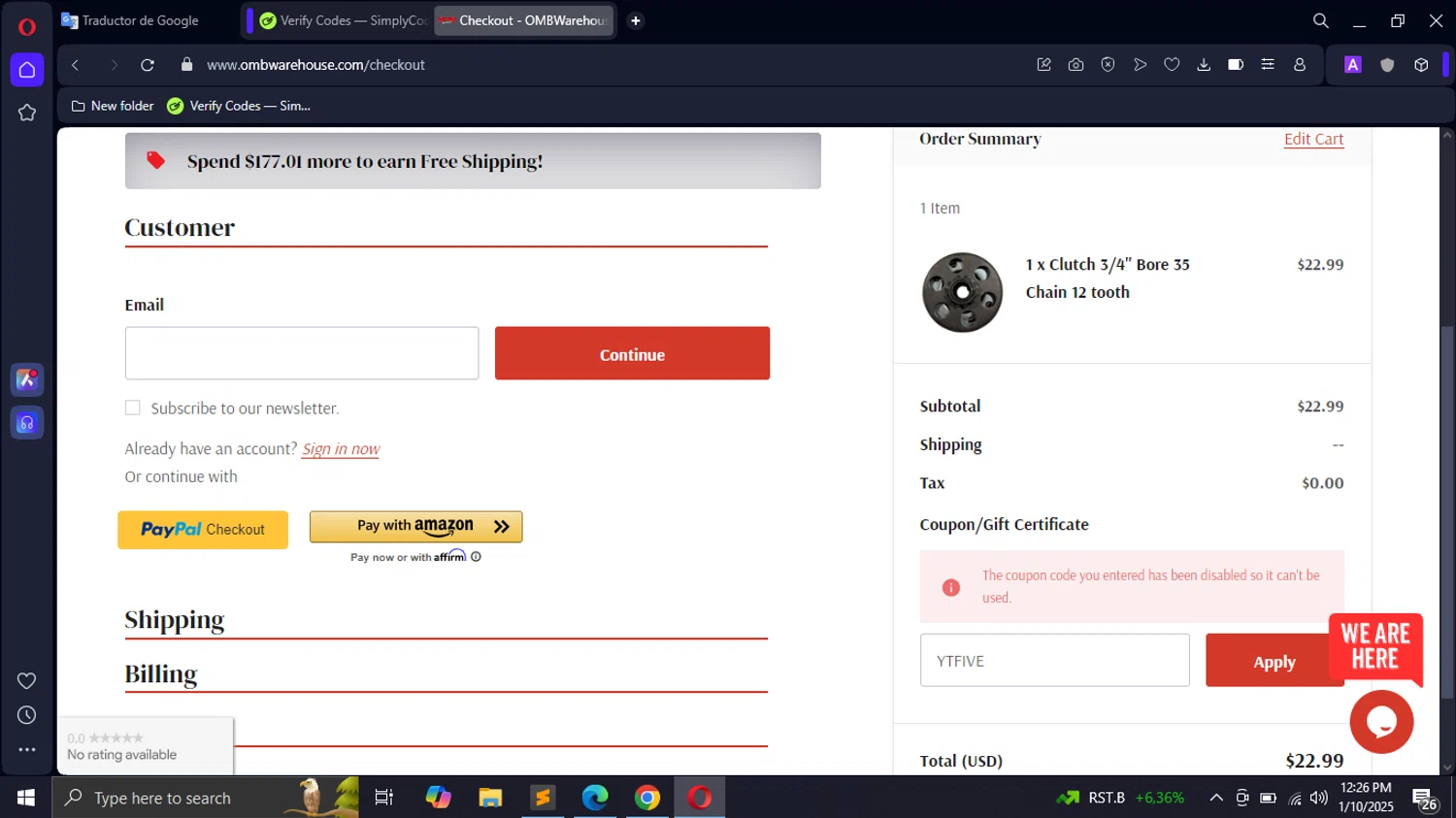 OMB Warehouse promo code screenshot showing code YTFIVE applied at OMB Warehouse checkout page. Uploaded by SimplyCodes community member hei2009 on Jan 10, 2025