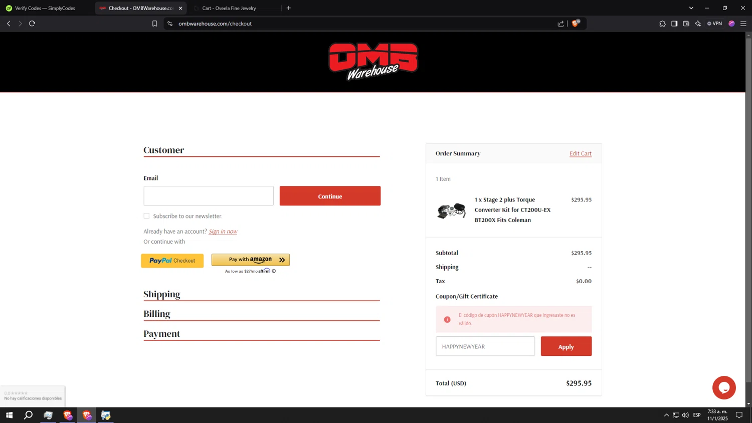 OMB Warehouse promo code screenshot showing code HAPPYNEWYEAR applied at OMB Warehouse checkout page. Uploaded by SimplyCodes community member aaaaaaaaaaaaaaaa on Jan 11, 2025