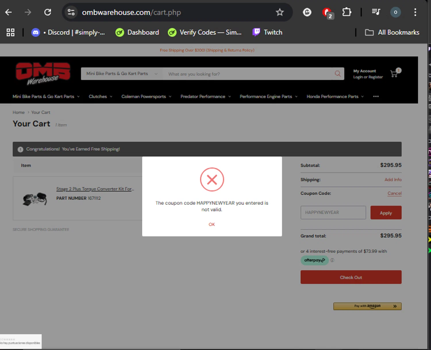 OMB Warehouse promo code screenshot showing code HAPPYNEWYEAR applied at OMB Warehouse checkout page. Uploaded by SimplyCodes community member DealHero3744 on Jan 11, 2025
