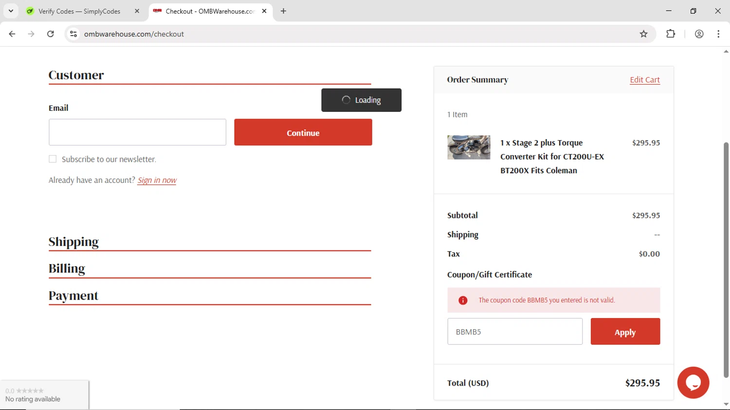 OMB Warehouse promo code screenshot showing code BBMB5 applied at OMB Warehouse checkout page. Uploaded by SimplyCodes community member DiscountScout1646 on Jun 22, 2025