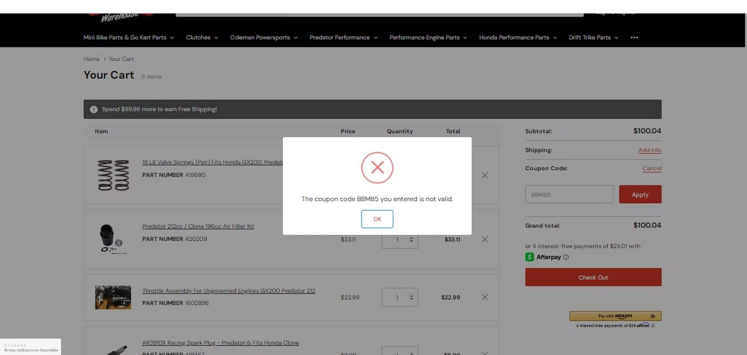 OMB Warehouse promo code screenshot showing code BBMB5 applied at OMB Warehouse checkout page. Uploaded by SimplyCodes community member obito1234 on Jun 22, 2025