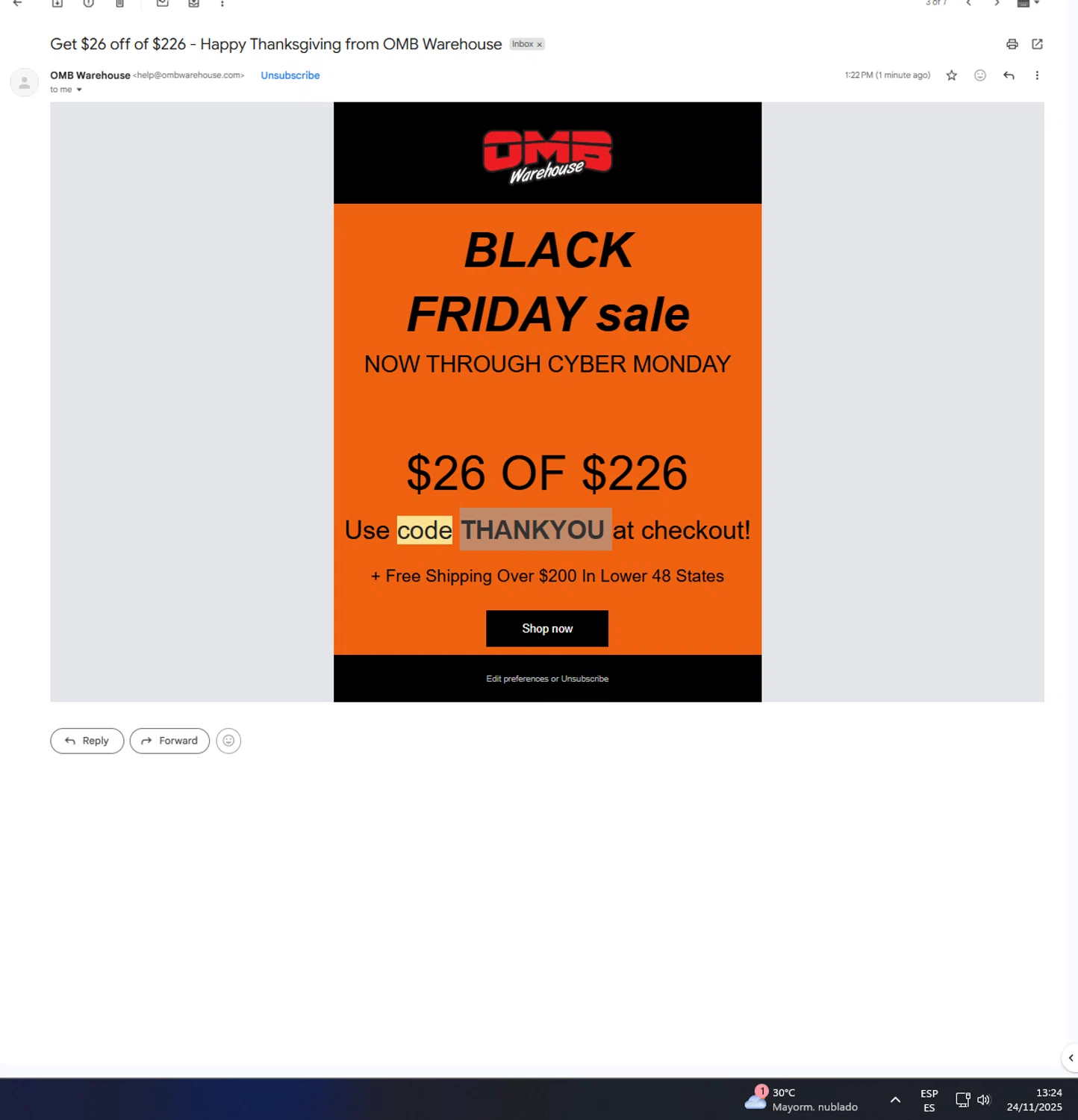 OMB Warehouse promo code screenshot showing code THANKYOU applied at OMB Warehouse checkout page. Uploaded by SimplyCodes community member UnkNownVnzla on Nov 24, 2025