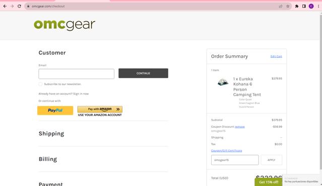 OMCgear checkout page showing OMCgear promo code box | Screenshot taken by SimplyCodes community member on Oct 15, 2023