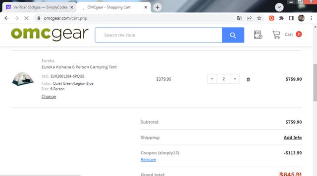 OMCgear checkout page showing OMCgear promo code box | Screenshot taken by SimplyCodes community member on Oct 18, 2023