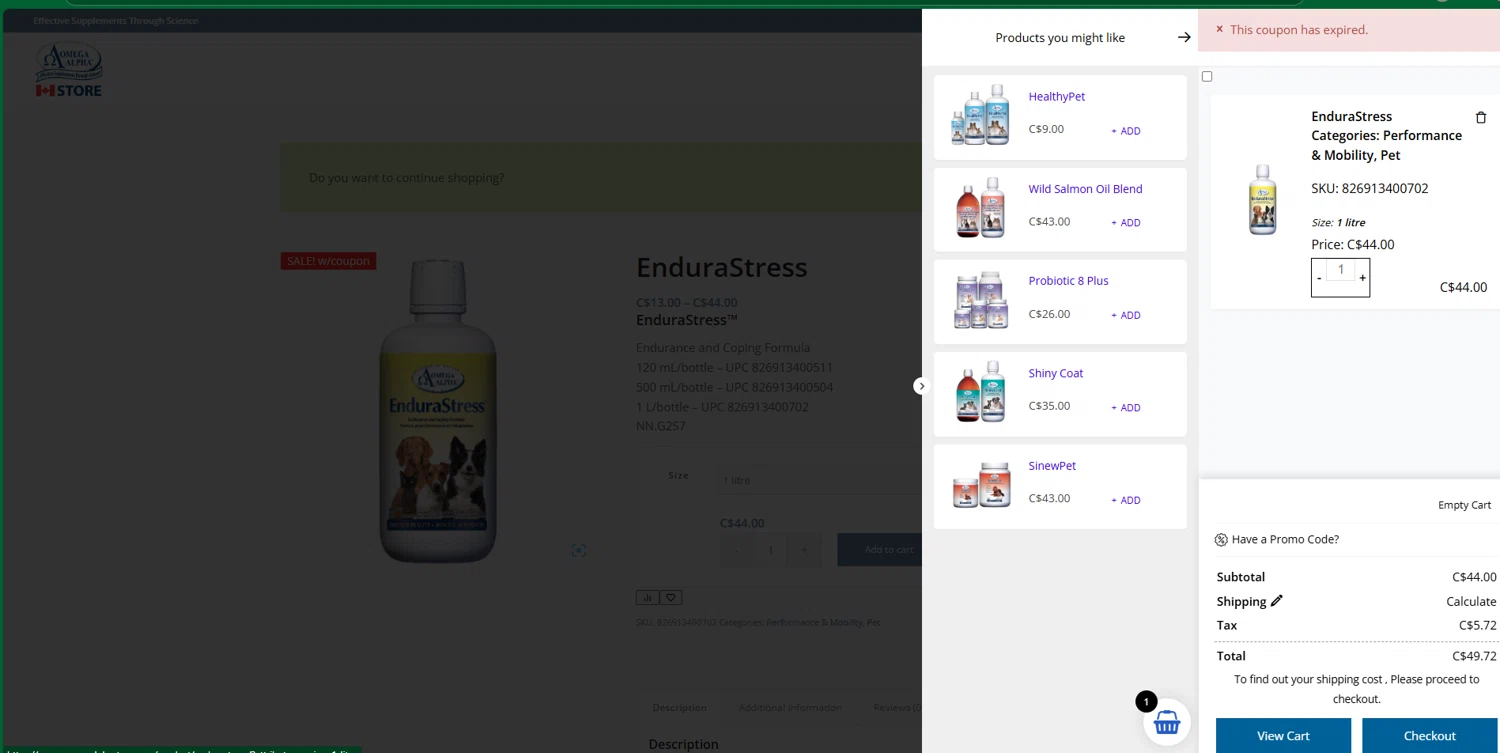 Omega Alpha Store promo code screenshot showing code PETJUL20 applied at Omega Alpha Store checkout page. Uploaded by SimplyCodes community member chepipro on Aug 19, 2025