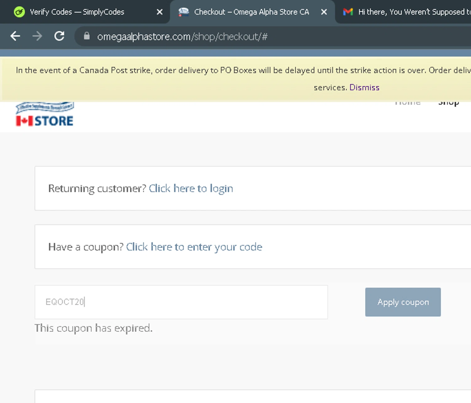 Omega Alpha Store promo code screenshot showing code EQOCT20 applied at Omega Alpha Store checkout page. Uploaded by SimplyCodes community member ParisSmith on Nov 3, 2025