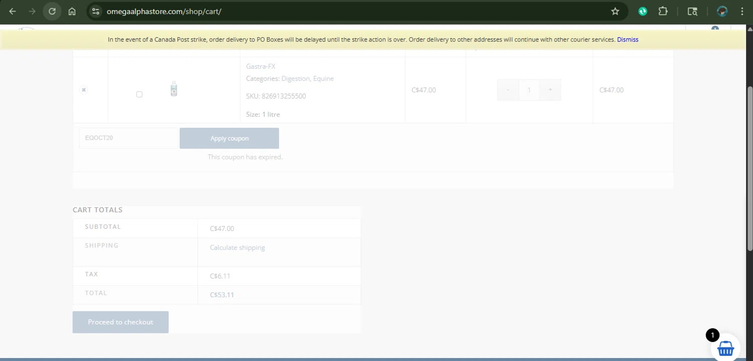 Omega Alpha Store promo code screenshot showing code EQOCT20 applied at Omega Alpha Store checkout page. Uploaded by SimplyCodes community member xAngel on Nov 3, 2025