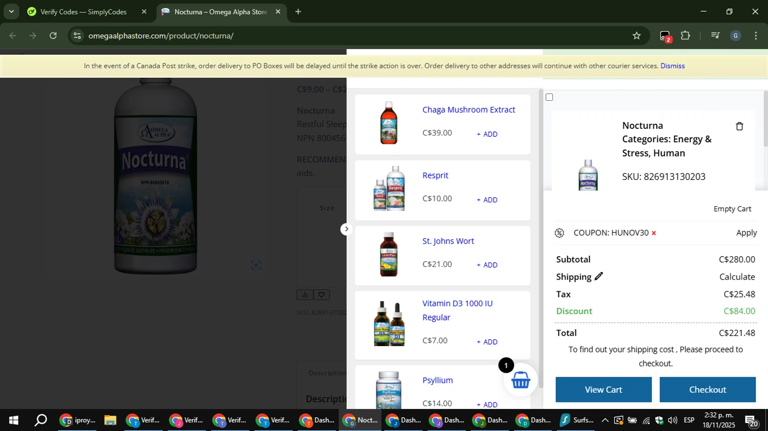 Omega Alpha Store checkout page showing Omega Alpha Store promo code box | Screenshot taken by SimplyCodes community member on Nov 18, 2025