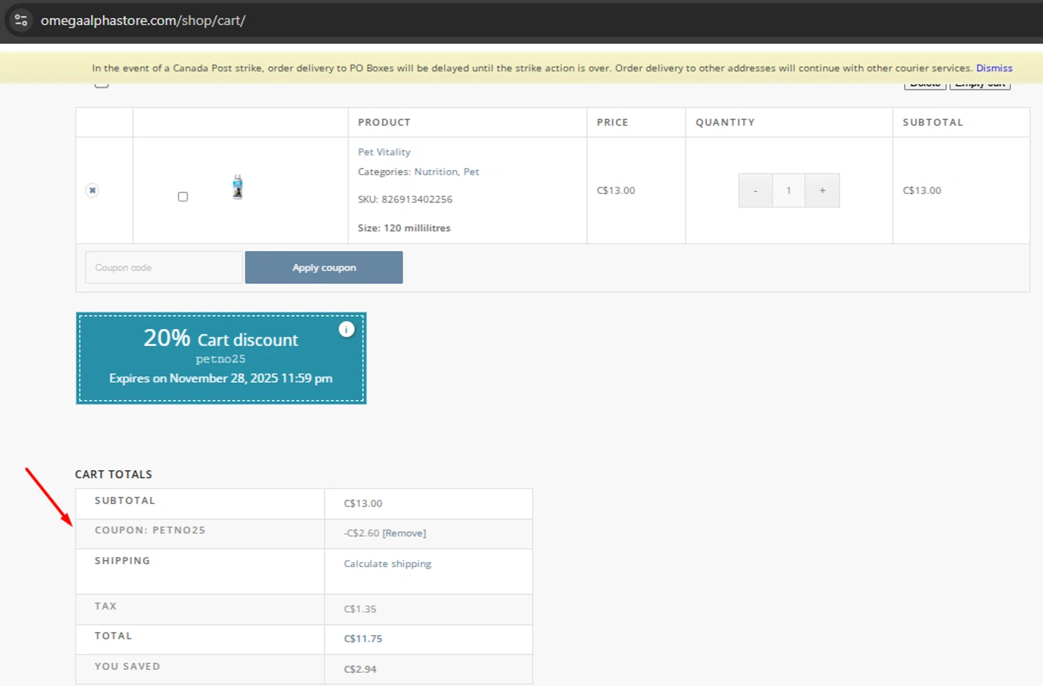 Omega Alpha Store promo code screenshot showing code PETNO25 applied at Omega Alpha Store checkout page. Uploaded by SimplyCodes community member argenygalvez on Nov 18, 2025