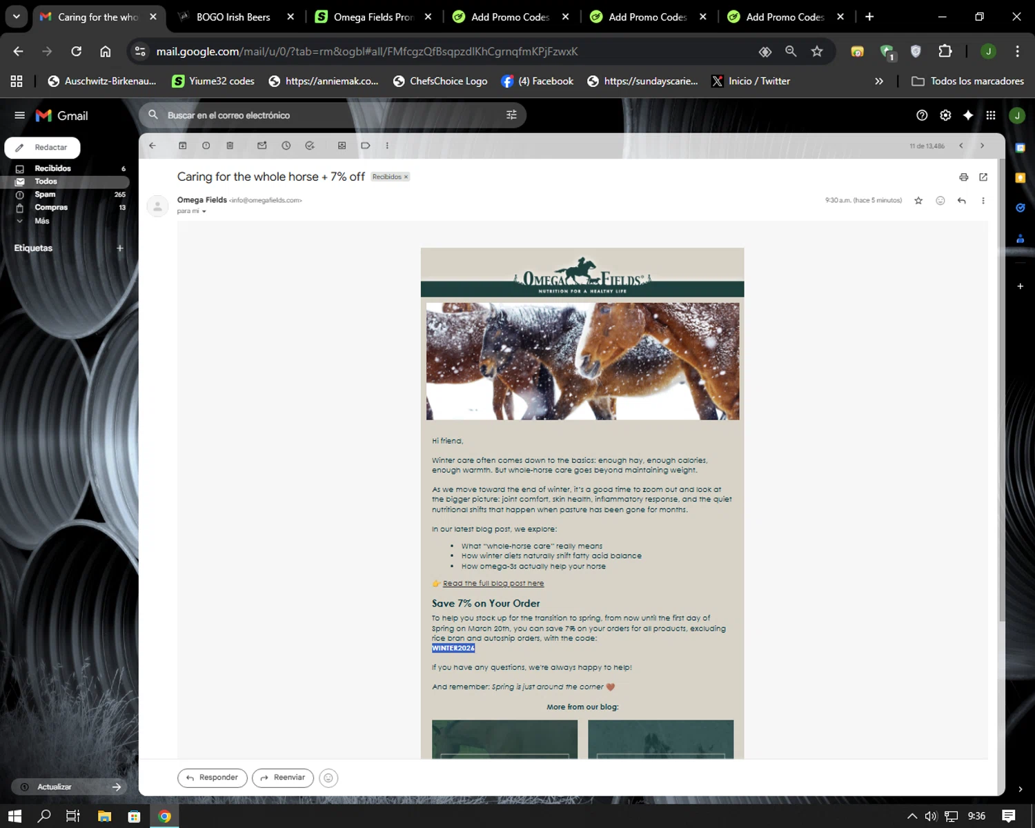 Omega Fields promo code screenshot showing code WINTER2026 applied at Omega Fields checkout page. Uploaded by SimplyCodes community member Codehunter on Feb 20, 2026