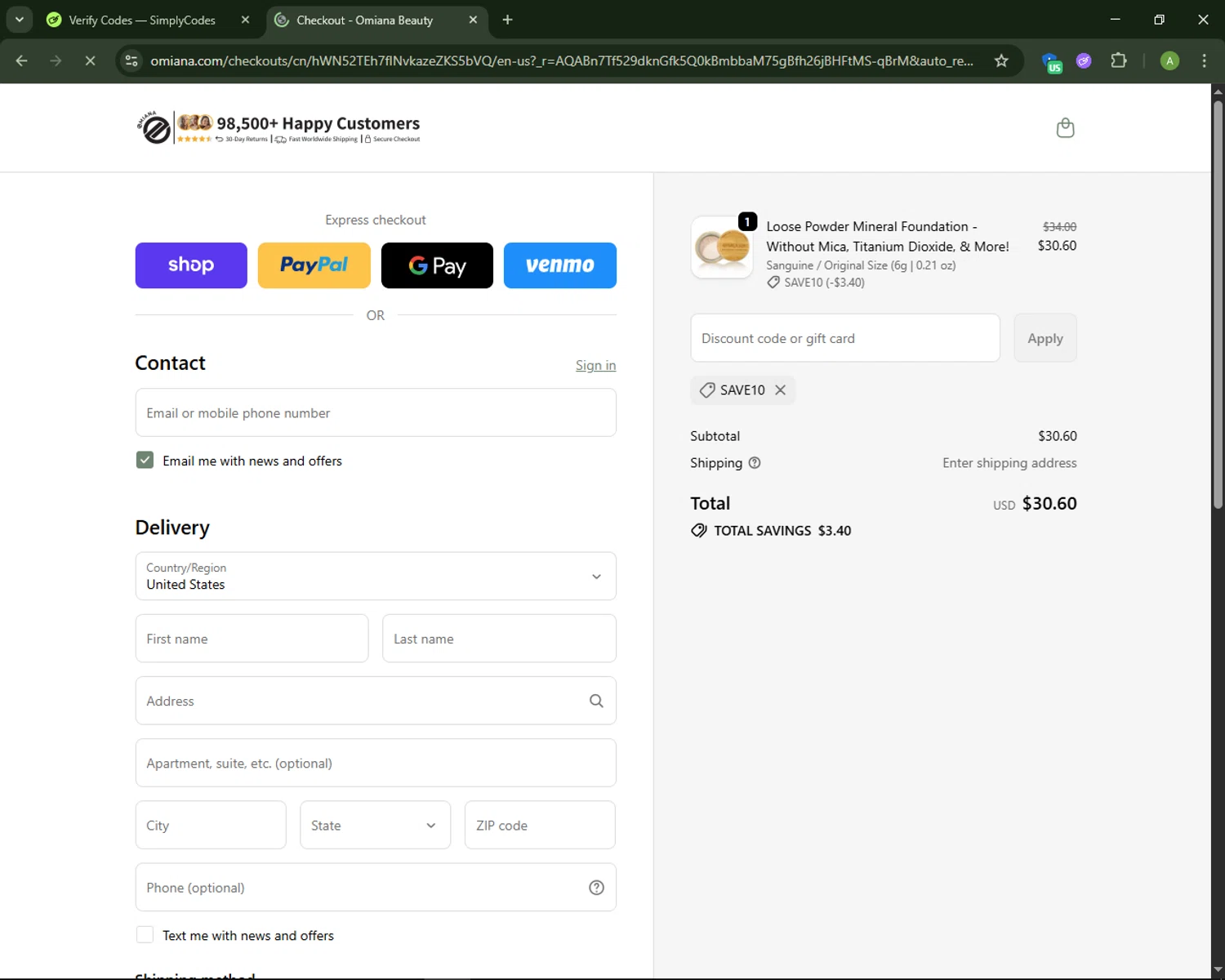 Omiana promo code screenshot showing code SAVE10 applied at Omiana checkout page. Uploaded by SimplyCodes community member MagnificentSaver708 on Nov 8, 2025
