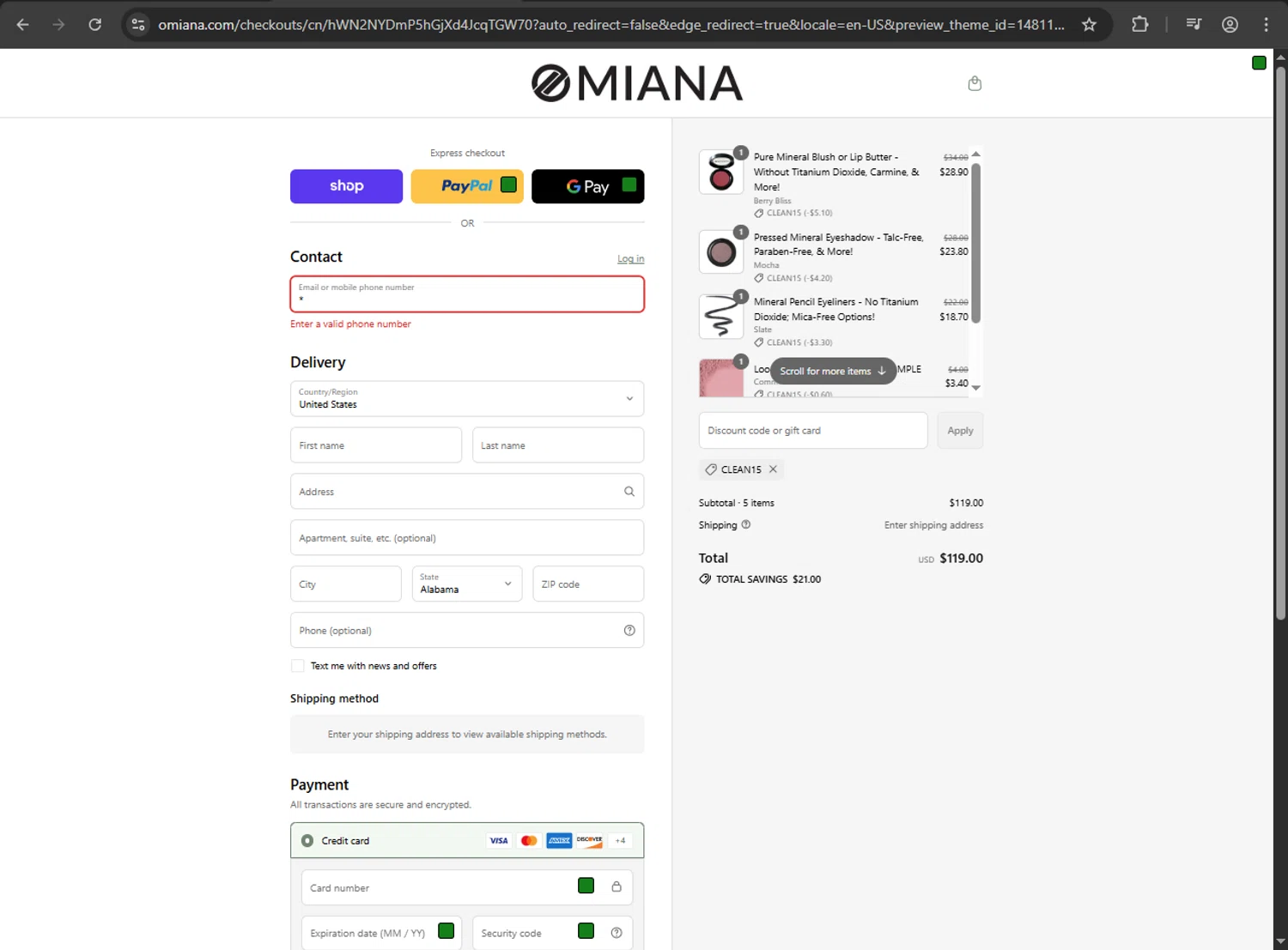Omiana promo code screenshot showing code CLEAN15 applied at Omiana checkout page. Uploaded by SimplyCodes community member zzzzzzza on Aug 30, 2025