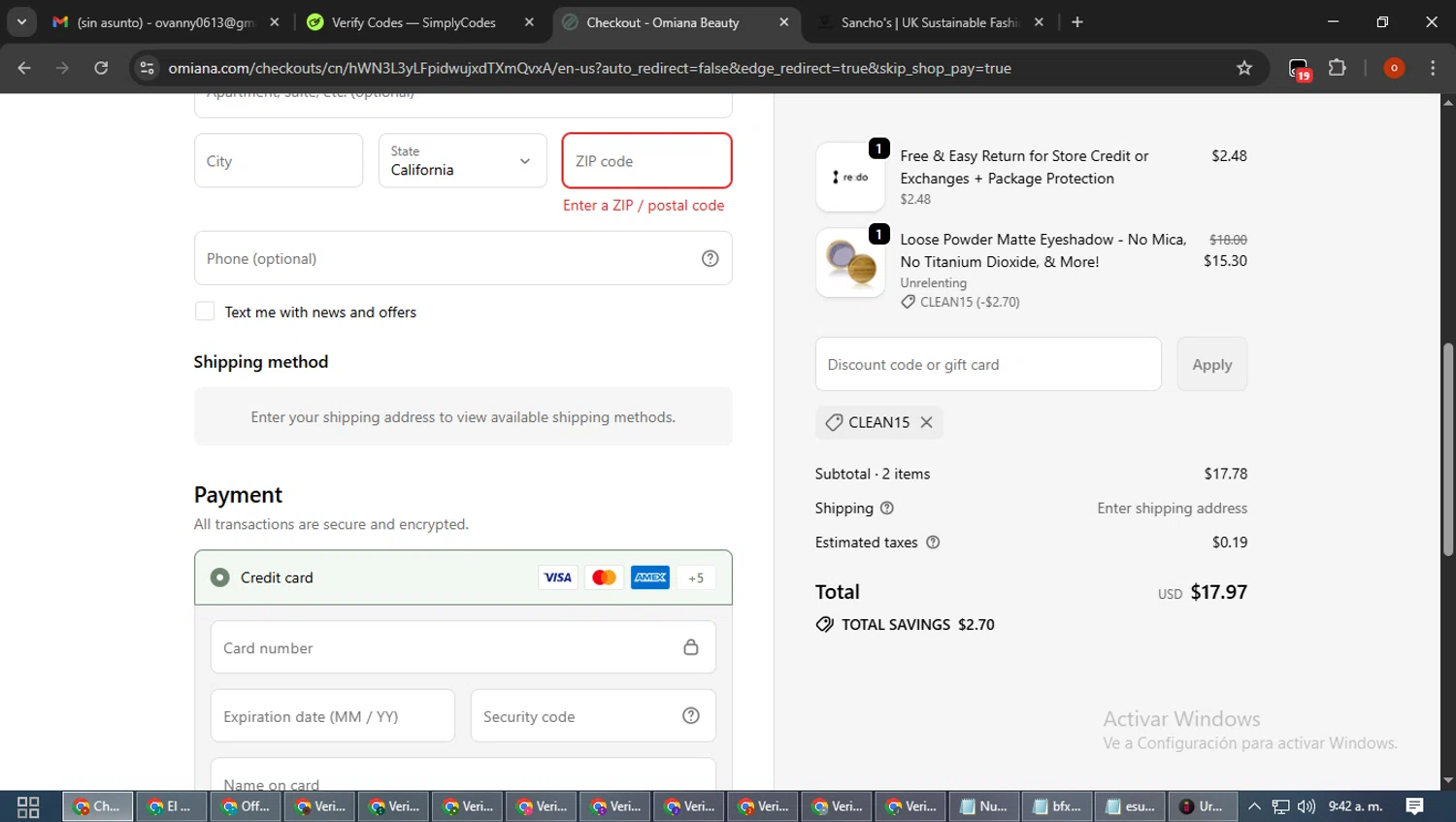 Omiana promo code screenshot showing code CLEAN15 applied at Omiana checkout page. Uploaded by SimplyCodes community member WiseTracker2171 on Sep 24, 2025