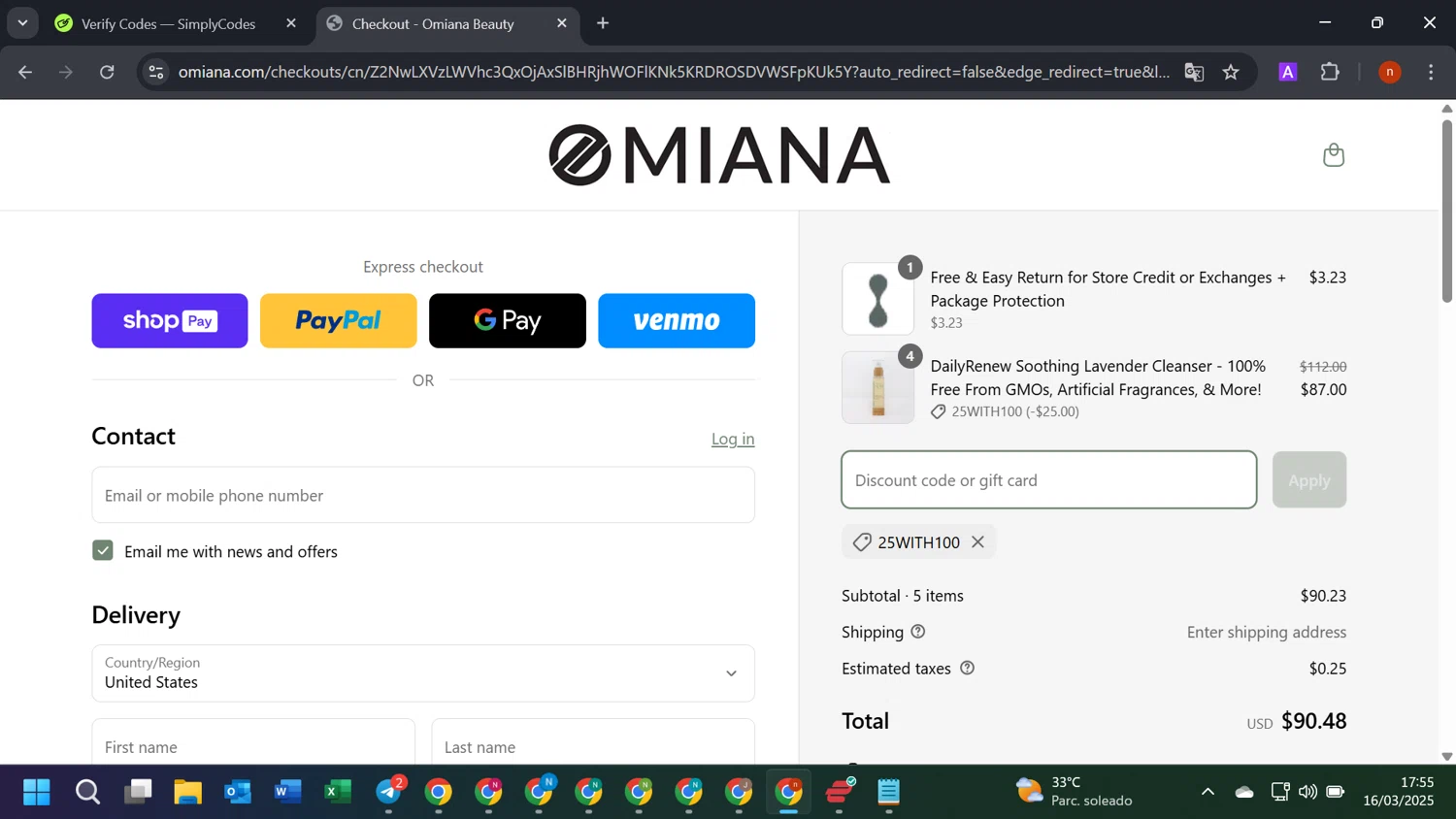 Omiana promo code screenshot showing code 25WITH100 applied at Omiana checkout page. Uploaded by SimplyCodes community member SavvyMonarch2205 on Mar 16, 2025