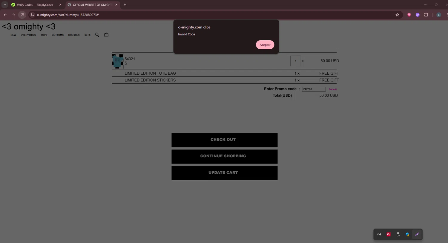 O-Mighty promo code screenshot showing code FREE20 applied at O-Mighty checkout page. Uploaded by SimplyCodes community member GloriousPioneer2942 on Aug 24, 2025