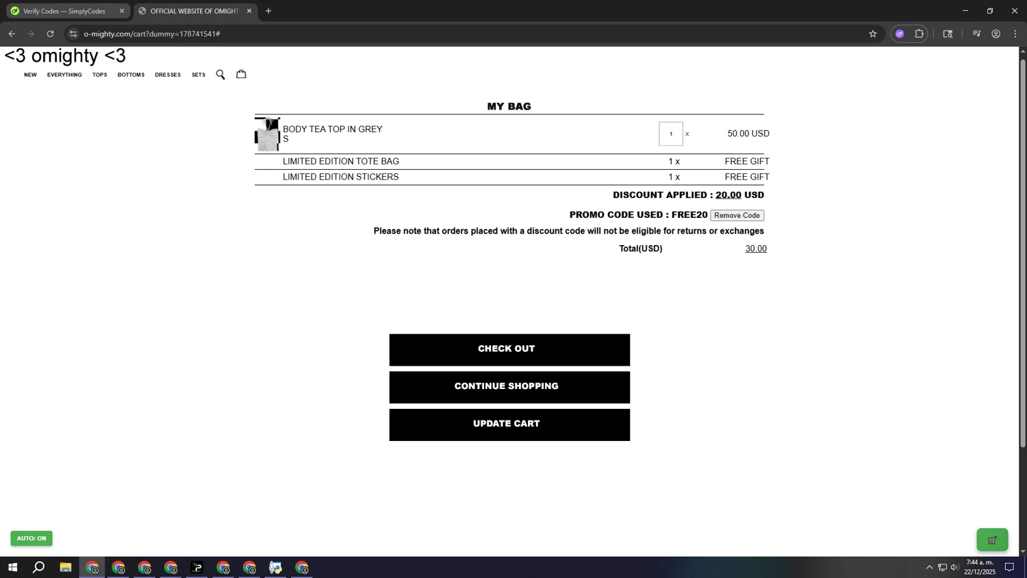 O-Mighty promo code screenshot showing code FREE20 applied at O-Mighty checkout page. Uploaded by SimplyCodes community member kkkkkkkkkkkkkkkkkkkk on Dec 22, 2025