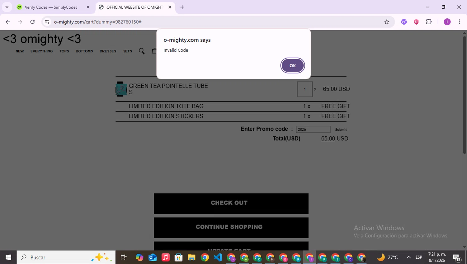 O-Mighty promo code screenshot showing code 2026 applied at O-Mighty checkout page. Uploaded by SimplyCodes community member RebateAce6764 on Jan 8, 2026