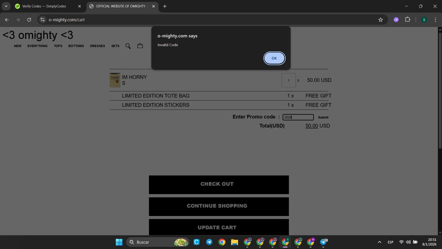 O-Mighty promo code screenshot showing code 2026 applied at O-Mighty checkout page. Uploaded by SimplyCodes community member SaleHunter9008 on Jan 9, 2026