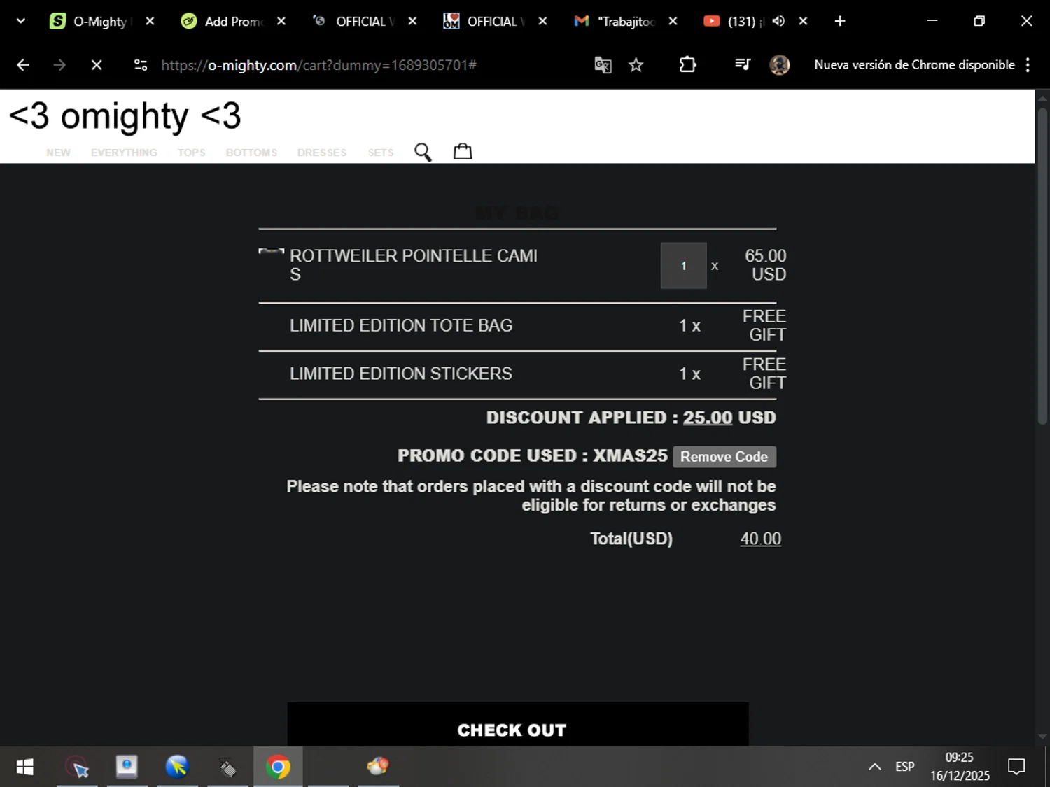 O-Mighty promo code screenshot showing code XMAS25 applied at O-Mighty checkout page. Uploaded by SimplyCodes community member MarcosAranguren on Dec 16, 2025