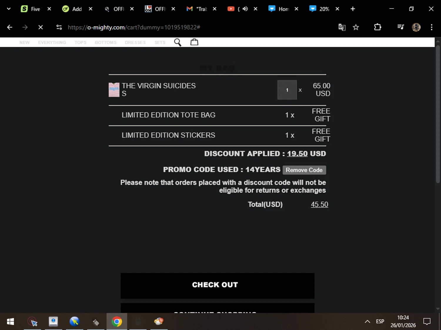 O-Mighty promo code screenshot showing code 14YEARS applied at O-Mighty checkout page. Uploaded by SimplyCodes community member MarcosAranguren on Jan 26, 2026